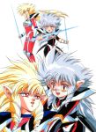  2girls armor blonde_hair bodysuit drill_hair dual_wielding energy_sword highres hirano_toshihiro iczer-1 iczer-3 iczer_(series) iczer_densetsu lightsaber long_hair multiple_girls official_art orange_eyes pointy_ears red_eyes scan siblings sisters smile sword tatakae!!_iczer-1 weapon white_background white_hair 