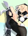  alternate_costume animal_ears arched_back arm_up armpits black_hair blue_eyes blush breasts bunny_ears bunny_girl bunny_tail bunnysuit clothed_navel fake_animal_ears fishnet_pantyhose fishnets hair_ribbon hairband halftone halftone_background highres hyouka irisu_fuyumi iwasaki_takashi long_hair low-tied_long_hair pantyhose rabbit_ears ribbon simple_background solo tail trembling very_long_hair wrist_cuffs zip zipper zipping 