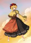  aki_minoriko alternate_breast_size apron barefoot blonde_hair breasts cloud clouds dress food food_themed_clothes fruit grapes hat huge_breasts long_sleeves neck_ribbon nekomamire red_eyes ribbon short_hair smile solo touhou wheat wide_sleeves 