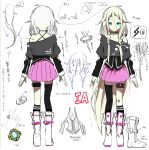  1girl akasaka_aka aqua_eyes bare_shoulders boots braid character_sheet choker detached_sleeves female highres ia_(vocaloid) long_hair off_shoulder single_thighhigh skirt solo thigh-highs thigh_strap translation_request twin_braids twintails very_long_hair vocaloid white_background white_hair 