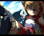  animal bad_id black_legwear breastplate brown_hair grass letterboxed pina_(sao) red_eyes short_twintails silica sitting smile solo sword_art_online thigh-highs thighhighs twintails yuihara 