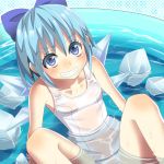  blue_eyes blue_hair blush bow cirno grin hair_bow mo_(orz-3) pool school_swimsuit see-through short_hair sitting smile solo spread_legs swimsuit touhou water white_school_swimsuit wings 