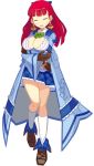  attouteki_yuugi_mugen_souls blue_dress breasts closed_eyes coat crossed_arms dress earrings eyes_closed gloves half_updo harada_takehito jewelry kneehighs long_hair marina_cannonvale official_art red_hair redhead shoes skirt smile solo white_background white_legwear 