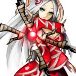  aleron armor blade breasts cleavage glowing green_eyes hair_ornament highres irelia kumiko_(aleron) league_of_legends long_hair silver_hair solo 