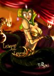  bare_shoulders breasts cassiopeia_du_couteau claws cleavage curtains demoncat glowing glowing_eyes helmet lamia league_of_legends lips monster_girl signature snake snake_tail solo white_eyes 
