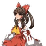  ascot bow brown_hair detached_sleeves hair_bow hair_tubes hakurei_reimu long_hair lowres nanarinca ponytail smile solo touhou white_background wide_sleeves yellow_eyes 