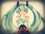  bad_id blurry cake cetus covering_mouth depth_of_field detached_sleeves food green_eyes green_hair hatsune_miku long_hair solo twintails very_long_hair vocaloid 