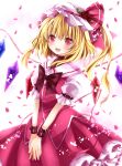  armband blonde_hair bow flandre_scarlet flower hat hat_flower hat_ribbon nanase_nao open_mouth petals pink_eyes red_eyes ribbon shirt short_sleeves side_ponytail skirt skirt_set smile solo touhou vest wings wrist_cuffs wristband 