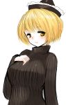  alternate_costume blonde_hair brown_eyes bust han_(jackpot) hand_on_own_chest hat light_smile lunasa_prismriver ribbed_sweater short_hair simple_background sketch solo sweater touhou white_background 