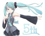  aqua_eyes aqua_hair detached_sleeves hand_on_own_chest hatsune_miku long_hair necktie open_mouth outstretched_arm simple_background skirt solo twintails vocaloid white_background 