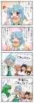  &gt;_&lt; 4koma 5girls :&lt; :d blonde_hair blue_hair blush bow brown_eyes brown_hair closed_eyes comic green_eyes green_hair hair_bow hands_together heterochromia highres kochiya_sanae luna_child multiple_girls open_mouth purple_eyes scarf short_hair smile star_sapphire sunny_milk sweatdrop tatara_kogasa touhou translated translation_request waving yuzuna99 