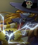  blonde_hair cape digimon digimon_adventure electricity gloves glowing glowing_eyes green_eyes hair_over_one_eye hat long_hair low-tied_long_hair masa_(ww5320) no_humans pointy_ears red_eyes skull solo staff wizard_hat wizarmon zipper 