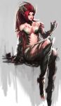  arm_support bare_shoulders branch breasts cleavage extra_ears glowing glowing_eyes leaf league_of_legends lift long_ears long_hair monster_girl navel no_background open_mouth orange_eyes plant pointy_ears red_hair redhead root simple_background sit sitting solo thorns vines yellow_eyes yy6242 zyra 