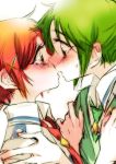  blush green_eyes green_hair hino_akane incipient_kiss looking_at_another midorikawa_nao multiple_girls necktie precure red_eyes rough side smile_precure! tears tima yuri 