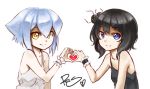  bare_shoulders black_dress black_hair blue_eyes bust camisole creature dress flat_chest heart heart_hands heart_hands_duo looking_at_viewer multiple_girls original pas_(paxiti) pilo short_hair signature simple_background smile spaghetti_strap white_background white_dress white_hair wrist_cuffs yami_shoujo yellow_eyes 