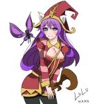  adult animal_ears artist_name blush breasts cat_ears character_name cleavage fairy hat highres large_breasts league_of_legends long_hair lulu_(league_of_legends) multicolored_stripes pantyhose pix purple_eyes purple_hair sheam09 smile staff strap violet_eyes wings 