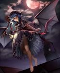  barefoot bat_wings blue_hair flying hat hat_ribbon looking_at_viewer moon night red_eyes red_moon remilia_scarlet ribbon short_hair smile solo tkln touhou wings 