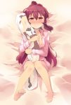  1girl :&lt; barefoot bed_sheet blush breath dakimakura dakimakura_(object) feet long_hair looking_at_viewer lying nightwear no_bra on_back parted_lips pillow ponytail purple_eyes purple_hair shin_(new) sleepwear solo sugiura_ayano toes toshinou_kyouko violet_eyes yuru_yuri |_| 