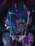  1girl absurdres arcane:_league_of_legends bangs bare_shoulders black_background black_choker blue_hair choker cloud_tattoo detached_sleeves furioso hair_over_one_eye highres jinx_(league_of_legends) league_of_legends long_hair long_sleeves looking_at_viewer pink_eyes portrait red_background red_lips shoulder_tattoo smile tattoo wanted 