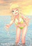  ;d acrylic_paint_(medium) ahoge artist_name bad_id bikini blonde_hair breasts cleavage colored_pencil_(medium) green_eyes hoshii_miki idolmaster leaning_forward long_hair looking_at_viewer navel open_mouth outstretched_hand sarah_sauge smile solo splashing swimsuit traditional_media water wink 