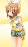  blue_eyes cosplay hair_ornament hair_ribbon hairclip higurashi_no_naku_koro_ni hinamizawa_(hina-sawa) kagamine_rin kagamine_rin_(cosplay) orange_hair ribbon ryuuguu_rena short_hair smile solo vocaloid 