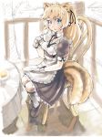 animal_ears blonde_hair blue_eyes chair cup gloves highres holding long_hair looking_at_viewer maid mimosa211 oekaki original plate ponytail rough sitting solo table tail teacup 