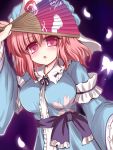 breasts bust butterfly fan hat japanese_clothes large_breasts looking_at_viewer petals pink_hair purple_eyes ry saigyouji_yuyuko short_hair solo touhou triangular_headpiece violet_eyes 