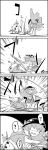  4koma belt blindfold comic food fruit hat highres hinanawi_tenshi horn_ribbon horns ibuki_suika leaf long_hair lying monochrome peach ribbon smile stick swimsuit tani_takeshi touhou translated yukkuri_shiteitte_ne 