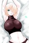  armpits arms_up blonde_hair breasts green_eyes hair_over_one_eye han_(jackpot) large_breasts lying midriff mizuhashi_parsee navel on_back rough short_hair solo touhou 