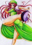  beret braid breasts chinese_clothes colored_pencil_(medium) fighting_stance hat highres hong_meiling kicking kitazinger kung_fu legs long_hair serious solo star touhou traditional_media 