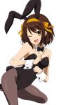  ;d animal_ears brown_hair bunny_ears bunnysuit detached_collar hair_ribbon leotard open_mouth pantyhose rabbit_ears ragho_no_erika ribbon short_hair simple_background smile solo suzumiya_haruhi suzumiya_haruhi_no_yuuutsu white_background wink wrist_cuffs yellow_eyes 