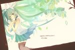 2012 bird dated floating_hair green_eyes green_hair happy_birthday hatsune_miku headset leaf long_hair necktie skirt smile solo thigh-highs thighhighs twintails very_long_hair vocaloid 