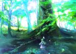  back blush detached_sleeves forest from_behind geta grass green_hair kochiya_sanae kyokucho long_hair nature outstretched_arms scenery skirt solo spread_arms touhou tree wide_sleeves 