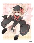  :o blush bow brown_hair capelet dress hand_on_hat hat hat_bow highres lily_black long_hair red_eyes signature solo touhou wings yutamaro 
