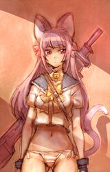  animal_ears bell bow_(bhp) gloves hair_ribbon long_hair lowleg lowleg_panties navel no_pants original panties pink_eyes purple_hair ribbon rough shadow side-tie_panties simple_background solo striped striped_panties sword tail underwear weapon 