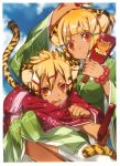  :d absurdres animal_ears blonde_hair bunbun copyright_request dark_skin highres holding japanese_clothes kimono looking_at_viewer multiple_girls open_mouth orange_eyes scan short_hair smile tail tiger_ears tiger_tail 