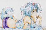  animal_ears ass breasts colored_pencil_(medium) detached_sleeves hand_to_mouth hat hat_ribbon highres inubashiri_momiji kitazinger large_breasts lying midriff on_stomach open_mouth red_eyes ribbon shirt short_hair sideboob silver_hair skirt solo tail tokin_hat touhou traditional_media wolf_ears wolf_tail 