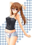  arm_up black_legwear bracelet breasts brown_hair checkered checkered_background chiro cleavage glasses jewelry long_hair original ponytail smile solo 