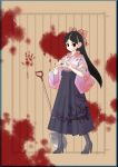  absurdres black_hair blood bow brown_eyes hair_bow hakama hand_print highres japanese_clothes kitsu_chiri long_hair sayonara_zetsubou_sensei shovel sinchi smile solo standing wide_sleeves worktool 