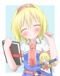  &gt;_&lt; ^_^ alice_margatroid blonde_hair blush blush_stickers book closed_eyes hairband oden_(artist) open_mouth shanghai_doll smile touhou 