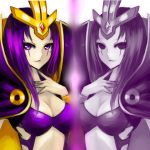  1girl aleron breasts cleavage clone dual_persona emilia_leblanc fingernails forehead_protector gem highres league_of_legends long_hair nail_polish purple_eyes purple_hair solo violet_eyes 