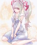 alternate_costume alternate_hairstyle bad_id barefoot blue_dress blush bow breasts cleavage dress fujiwara_no_mokou hair_bow high_ponytail long_hair nightgown off_shoulder ponytail red_eyes revision silver_hair sitting solo somsom strap_slip touhou v_arms wariza wink 