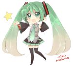  723_(hato2) character_name chibi detached_sleeves green_eyes green_hair hatsune_miku necktie open_mouth simple_background skirt star thigh-highs thighhighs twintails vocaloid white_background zettai_ryouiki 
