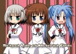  3girls arms_behind_back blue_eyes blue_hair blush_stickers brown_hair cover cover_page crossed_arms fang green_eyes hair_ribbon hands_on_hips long_sleeves lyrical_nanoha mahou_shoujo_lyrical_nanoha mahou_shoujo_lyrical_nanoha_a&#039;s mahou_shoujo_lyrical_nanoha_a&#039;s_portable:_the_battle_of_aces mahou_shoujo_lyrical_nanoha_a's mahou_shoujo_lyrical_nanoha_a's_portable:_the_battle_of_aces material-d material-l material-s multicolored_hair multiple_girls open_mouth purple_eyes red_ribbon regiru ribbon school_uniform silver_hair twintails two-tone_hair violet_eyes 