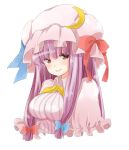  bow bust crescent hair_bow hat light_smile long_hair patchouli_knowledge payot purple_eyes purple_hair rougetsu simple_background solo symbol-shaped_pupils touhou very_long_hair violet_eyes white_background 