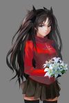  black_hair black_legwear blue_eyes bouquet fate/stay_night fate_(series) flower gilgamesh grey_background highres lightofheaven lily_(flower) long_hair simple_background solo thigh-highs thighhighs tohsaka_rin toosaka_rin two_side_up 
