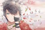  androgynous bandage bandages black_hair bubble copyright_request covering_face flower grey_eyes highres injury petals rose scratch short_hair solo tears underwater xiaoyou_(kimy5) 