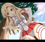  :o armor asuna_(sao) braid breastplate brown_eyes brown_hair cloud clouds detached_sleeves from_below hand_on_hip lens_flare letterboxed long_hair looking_at_viewer looking_down nori_tamago open_mouth outstretched_hand panties pantyshot perspective pov pov_eye_contact sky solo sunlight sword_art_online thigh-highs thighhighs tree underwear upskirt white_legwear white_panties 