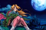  1girl 90s blue_eyes cape dragon elf_(developer) full_moon kono_yo_no_hate_de_koi_wo_utau_shoujo_yu-no long_hair moon night night_sky orange_hair panties pantyshot pantyshot_(sitting) pink_legwear pointy_ears sitting sky thigh-highs thighhighs underwear yu-no 