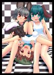  :3 alternate_costume animal_ears aqua_eyes aqua_hair bare_legs bare_shoulders black_hair blush brown_eyes bunny_eara bunny_ears bunny_tail cat_ears checkered checkered_background checkered_floor chen collarbone competition_swimsuit fang green_eyes green_hair grey_hair hat highres inaba_tewi ishikkoro jewelry kasodani_kyouko leaning_on_person looking_at_viewer lying lying_on_person mouse_ears multiple_girls nazrin on_back one-piece_swimsuit open_mouth profile rabbit_ears red_eyes school_swimsuit short_hair single_earring sitting smile swimsuit tail touhou white_school_swimsuit white_swimsuit 